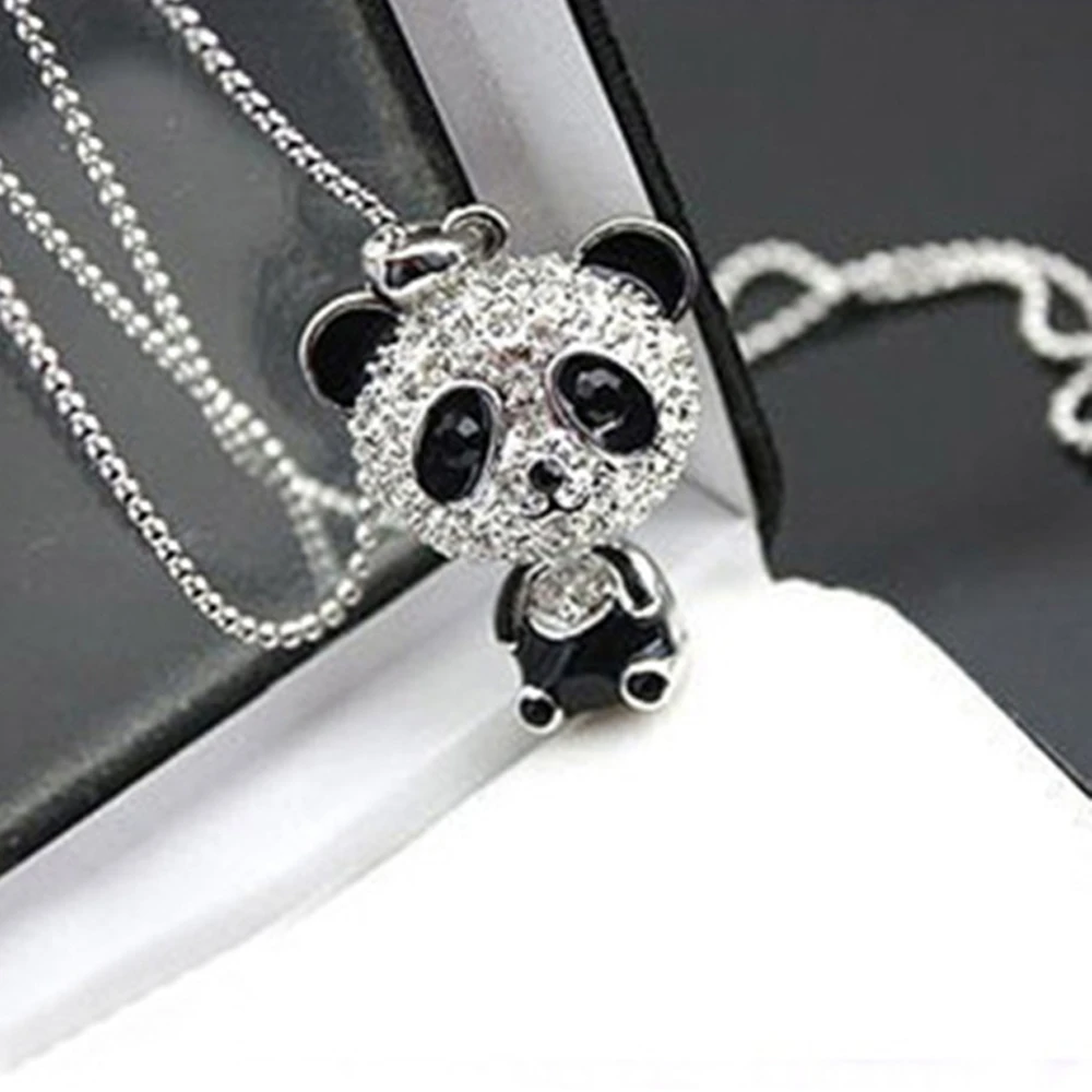 Classical Women's Rhinestone Moving Head Panda Pendant Sweater Chain Necklace For Women Charm Necklace Jewelry