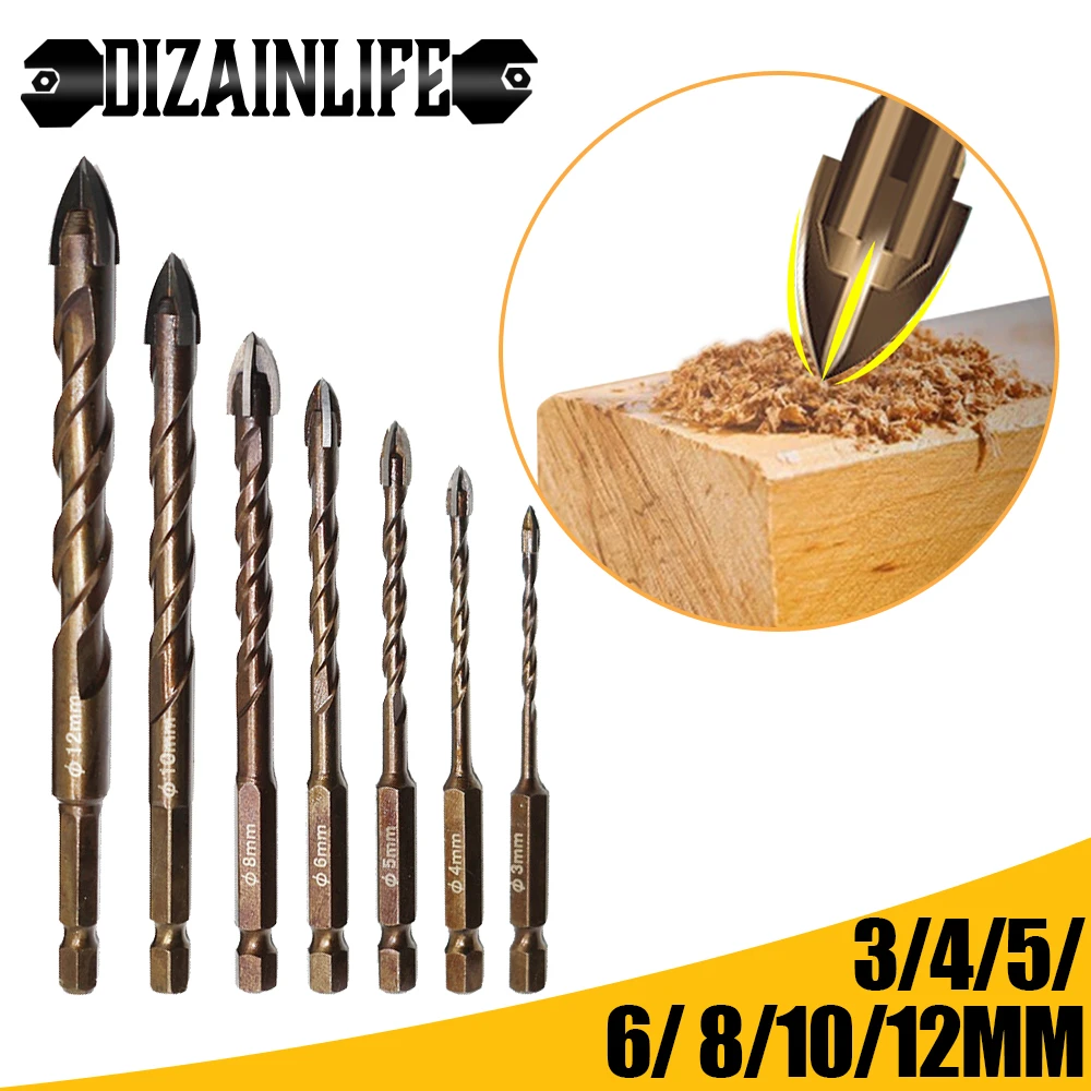 DIZAINLIFE Cross Hex Tile Drill Bits Set for Glass Ceramic Concrete Hole Opener Hard Alloy Triangle Bit Tools 3/4/5/6/8/10mm