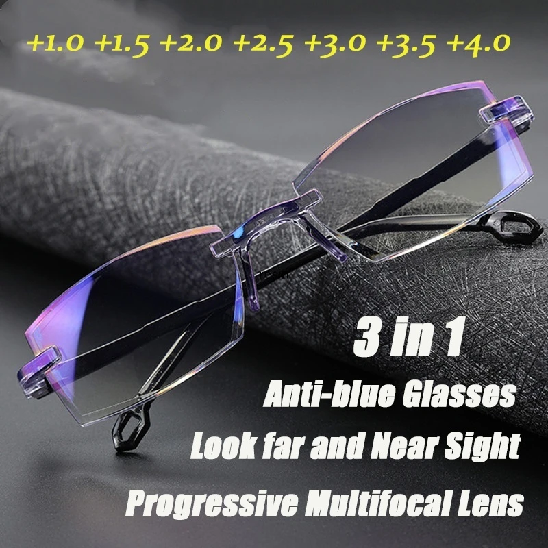 Anti Blue Light Blocking Rimless Reading Glasses Women Men Square Frameless Presbyopic Glasses Diopters +1.0 1.5 2 2.5 4.0