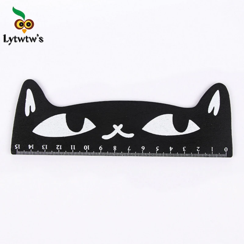 1 Pcs Lytwtw's Cute Kawaii Black Cat Kitten Straight Ruler Wooden Tools Cartoon Sewing Drawing Office School Stationery supplies