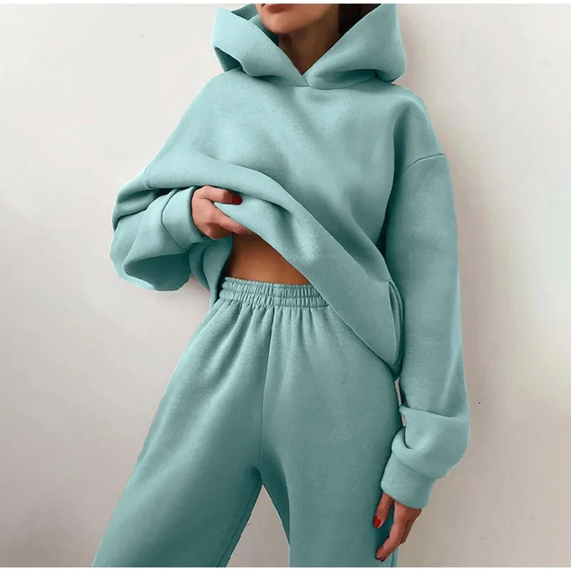 Women's Tracksuit Autumn Plus Fleece Sweatshirts Two Piece Set Casual Oversized Solid Female Sports Hoodie Suit Long Pant Sets