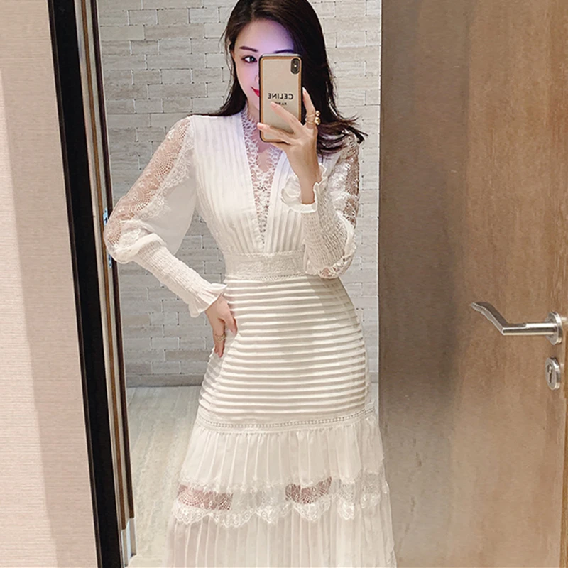 Wavsiyier Luxury Long Lantern Sleeve Patchwork Lace Embroidery Dresses Women Party Elegant Spring Boho High Waist 2021 Dress V