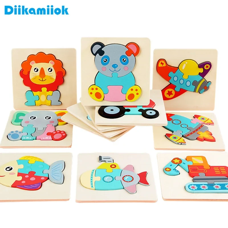 11CM Colorful Wood 3D Puzzles Cartoon Animals Kids Cognitive Jigsaw Puzzle Wooden Toys for Children Baby Educational Toy Games