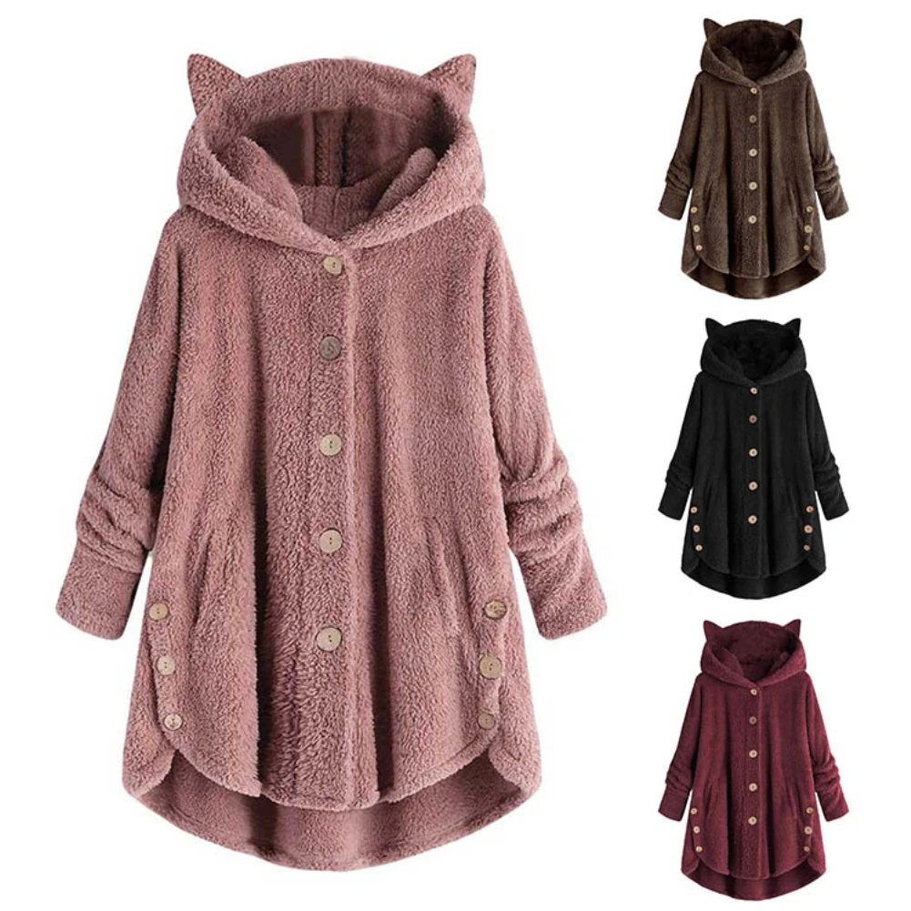 2020 Women's coat Winter Plus Velvet Sports Winter Cute Cats Ears Hooded Irregular Hem Buttons Jacket Fleece Coat Christmas gift
