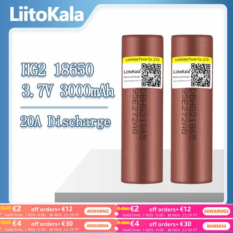 Hot LiitoKala New Original 3.7v 18650 HG2 3000mAh Lithium Rechargeable Batteries Continuous Discharge 30A For Drone Power Tools