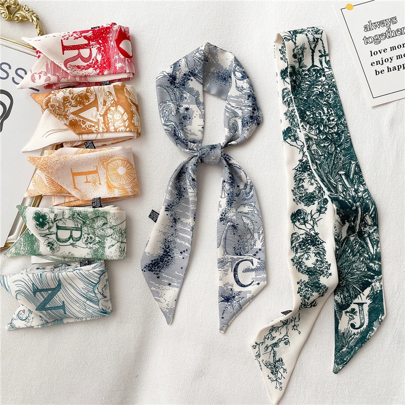 Popural Letter Print Long Scarf for Women Narrow Ribbon Headband Female Neckerchief Handle Bag Band Bandana Hair Tie Accessories