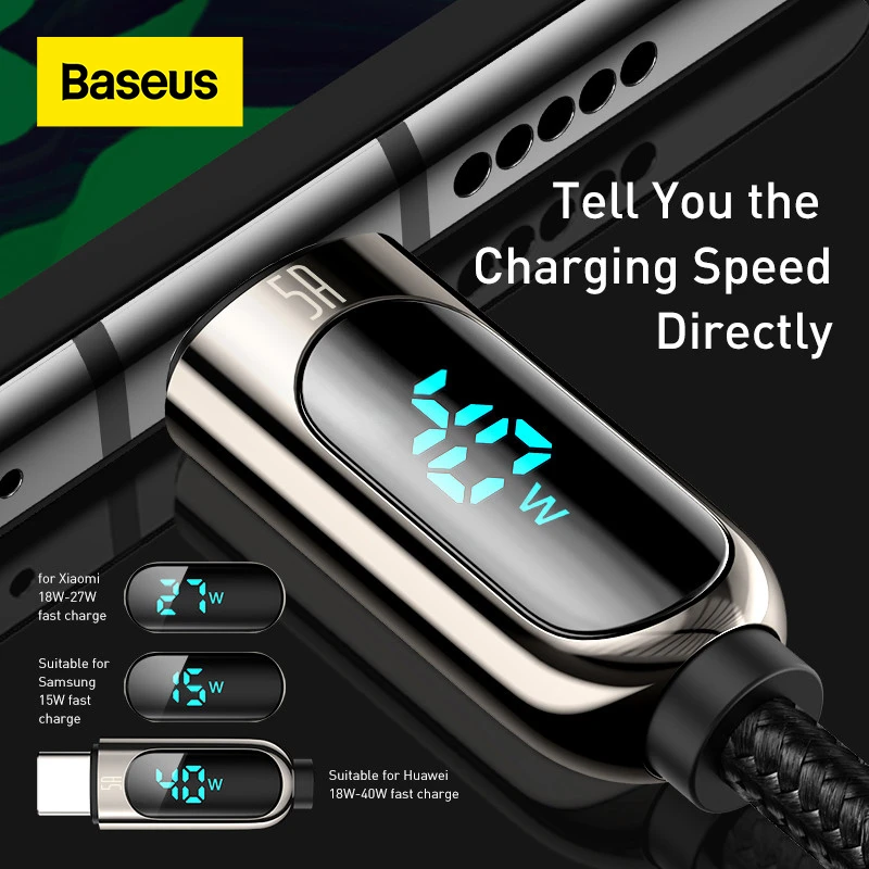 Baseus LED Display USB Type C Cable For Xiaomi 10 Huawei Samsung 5A Fast Charging Charger USBC USB-C Data Cable Type-C Wire Cord