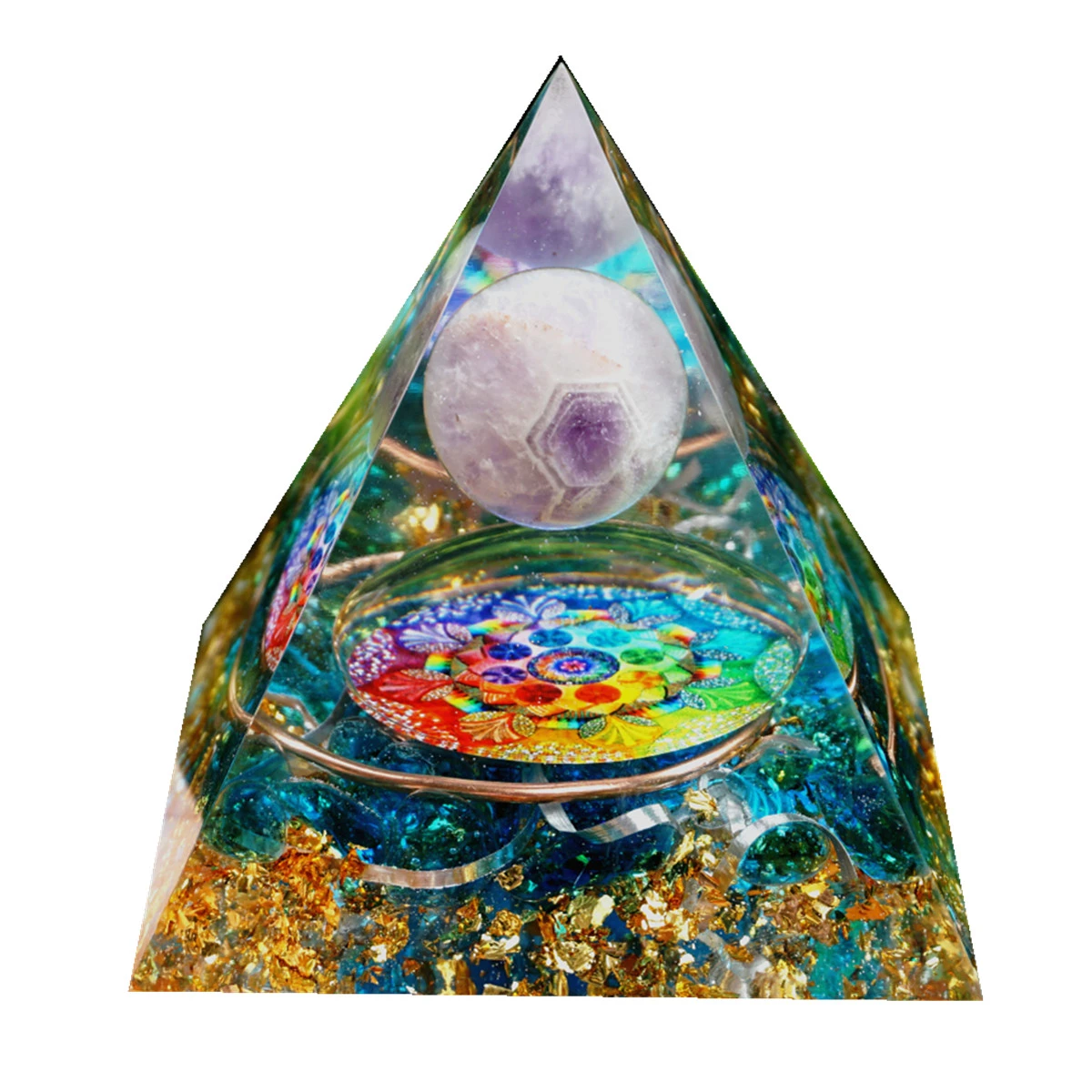 Handmade Amethyst Crystal Sphere Orgone Pyramid Copper Blue Quartz EMF Protection Energy Orgonite