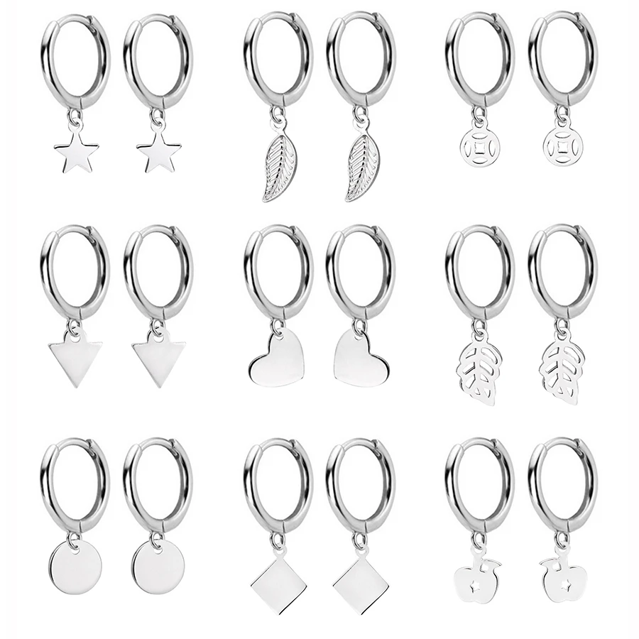 PrinSis 925 Sterling Silver Hanging Earrings For Women Heart Round Lock Star Triangle Charm Wedding Party Hoop Earring Gift