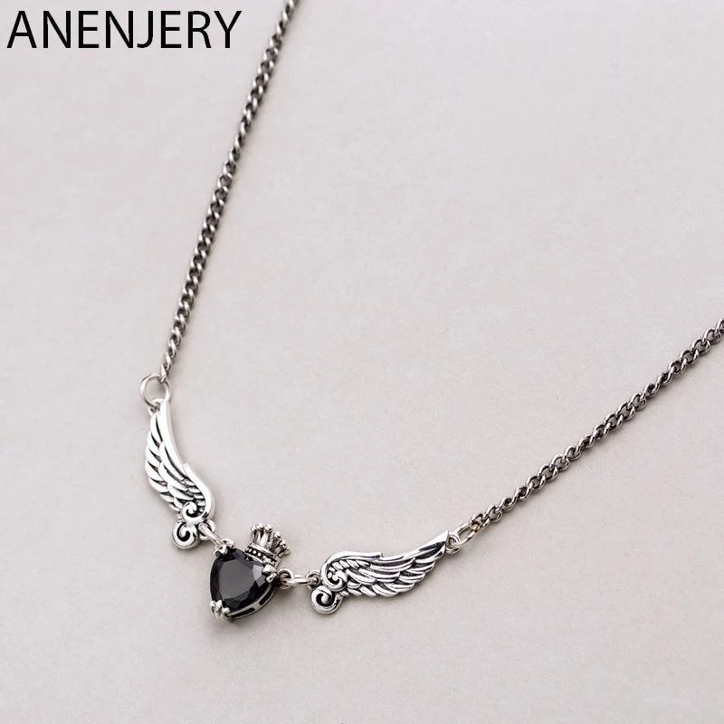 2020 New Fashion Angel Wings Heart Black Zircon Necklace for Women Thai Silver Color Necklace Vintage Jewelry S-N647