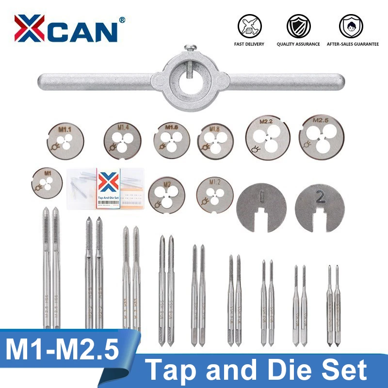 XCAN 31pcs M1-M2.5 Metric Tap and Die Set Mini NC Screw Thread Plugs Taps HSS Steel Hand Screw Tap Die Wrench Set
