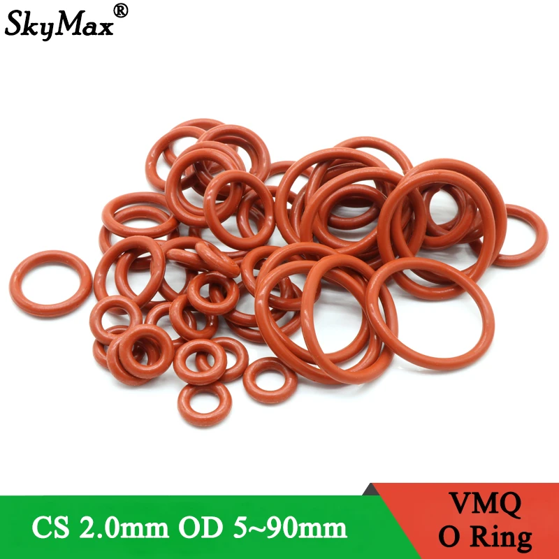 10pcs VMQ O Ring Seal Gasket Thickness CS 2mm OD 8 ~ 65mm Silicone Rubber Insulated Waterproof Washer Round Shape Nontoxi Red