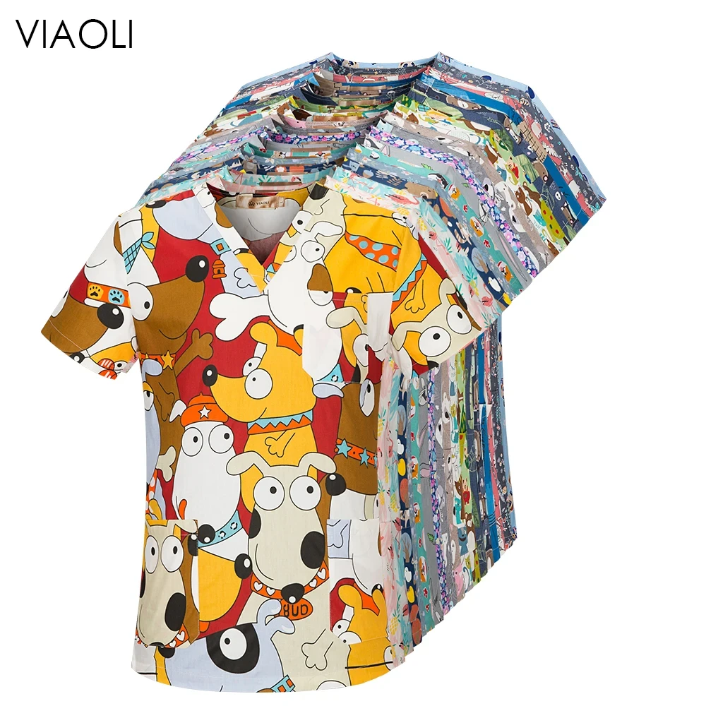 viaoli Cotton Cartoon print spa uniform beauty salon Pet shop uniform Fashion Slim Fit top scrub clothes women scrubs lab coat