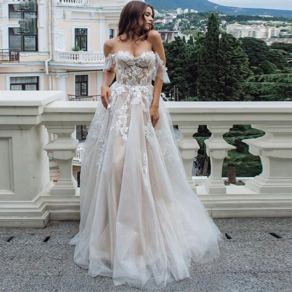 Sexy Sweetheart A Line Wedding Dresses Off Shoulder Champagne Liner Tulle Appliques Sleeveless Bridal Gowns Womens Formal 2021