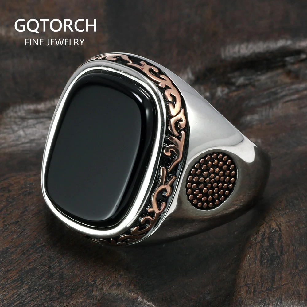 Real Pure Mens Rings Silver s925 Retro Vintage Turkish Rings For Men With Natural Black Onyx Stones Turkey Jewelry