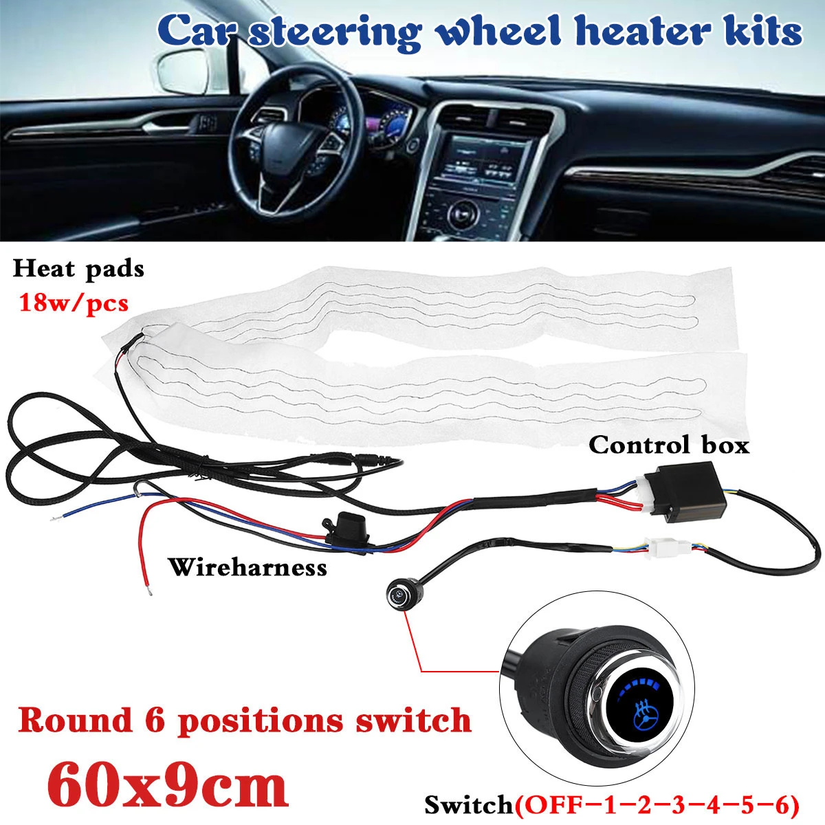 Flocking Cloth Car Steering Wheel Heater Kits 6 Gear Round Switch Universal Car Heat Pads 60X9cm