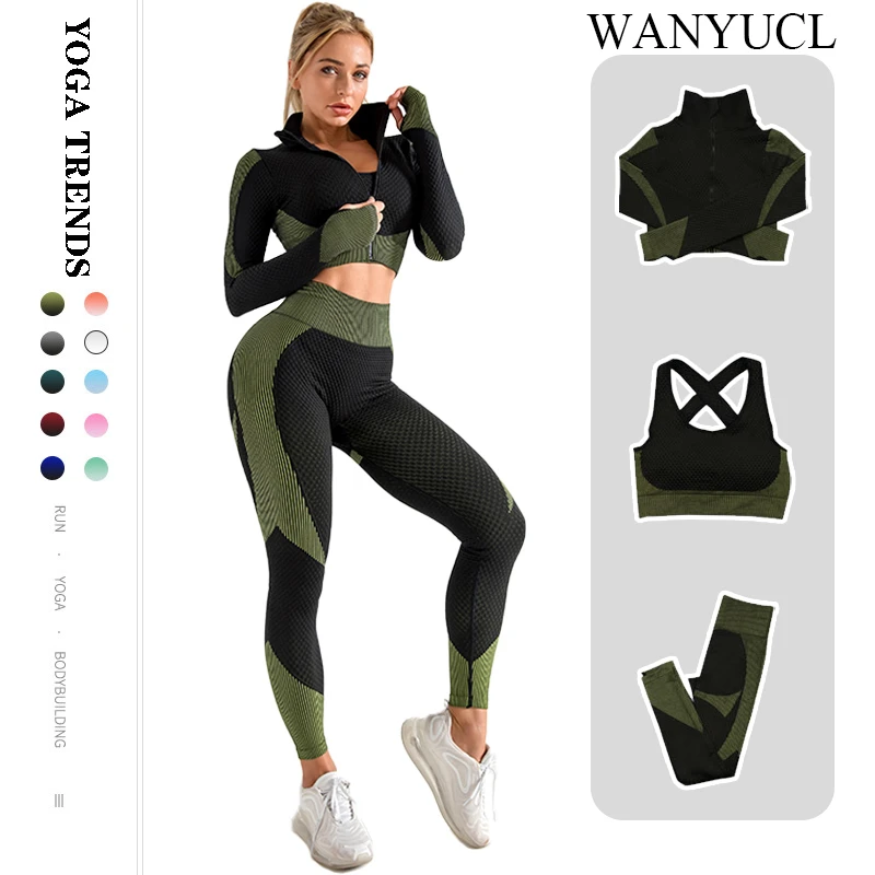 2/3Pcs Seamless Yoga Set Gym Fitness Clothing Women Yoga Suit Sportswear Female Workout Leggings Top Sport Clothes Training Suit