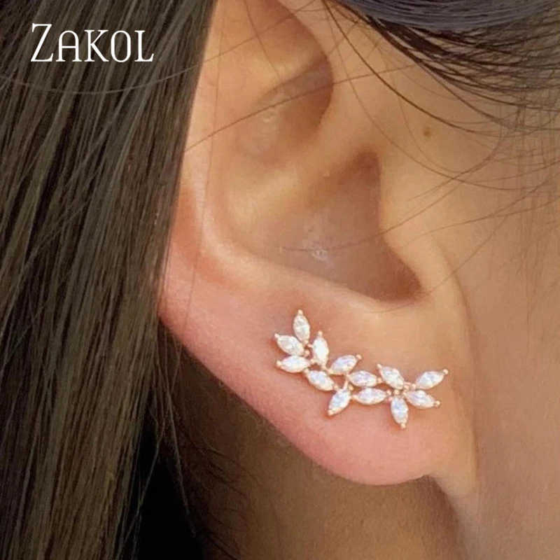 ZAKOL Marquise Cut Flower Zirconia Crystal Stud Earrings for Women Shiny Leaf CZ Stone Bridal Wedding Jewelry FSEP2492