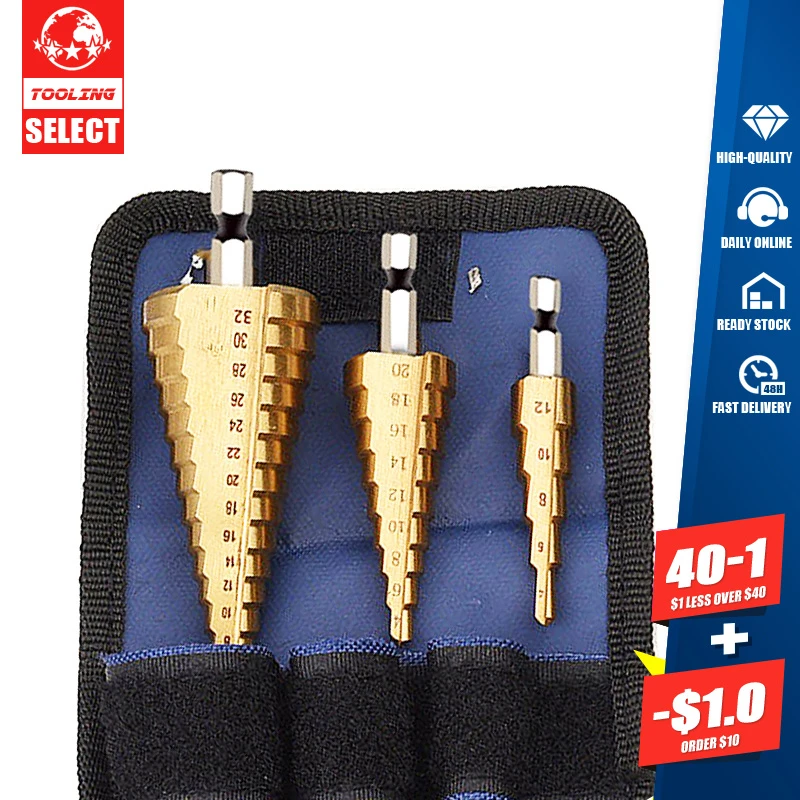 3pc Hss step drill bit set cone hole cutter Taper metric 4 - 12 / 20 / 32mm 1 / 4 