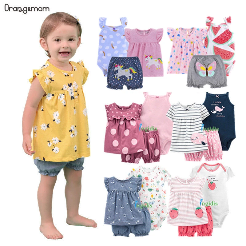 Summer Dresses 2021 Baby Girl Clothing Set Cotton Home For Baby Girl Clothes , 15 Colours Short Unicorn Infant Clothing Suit