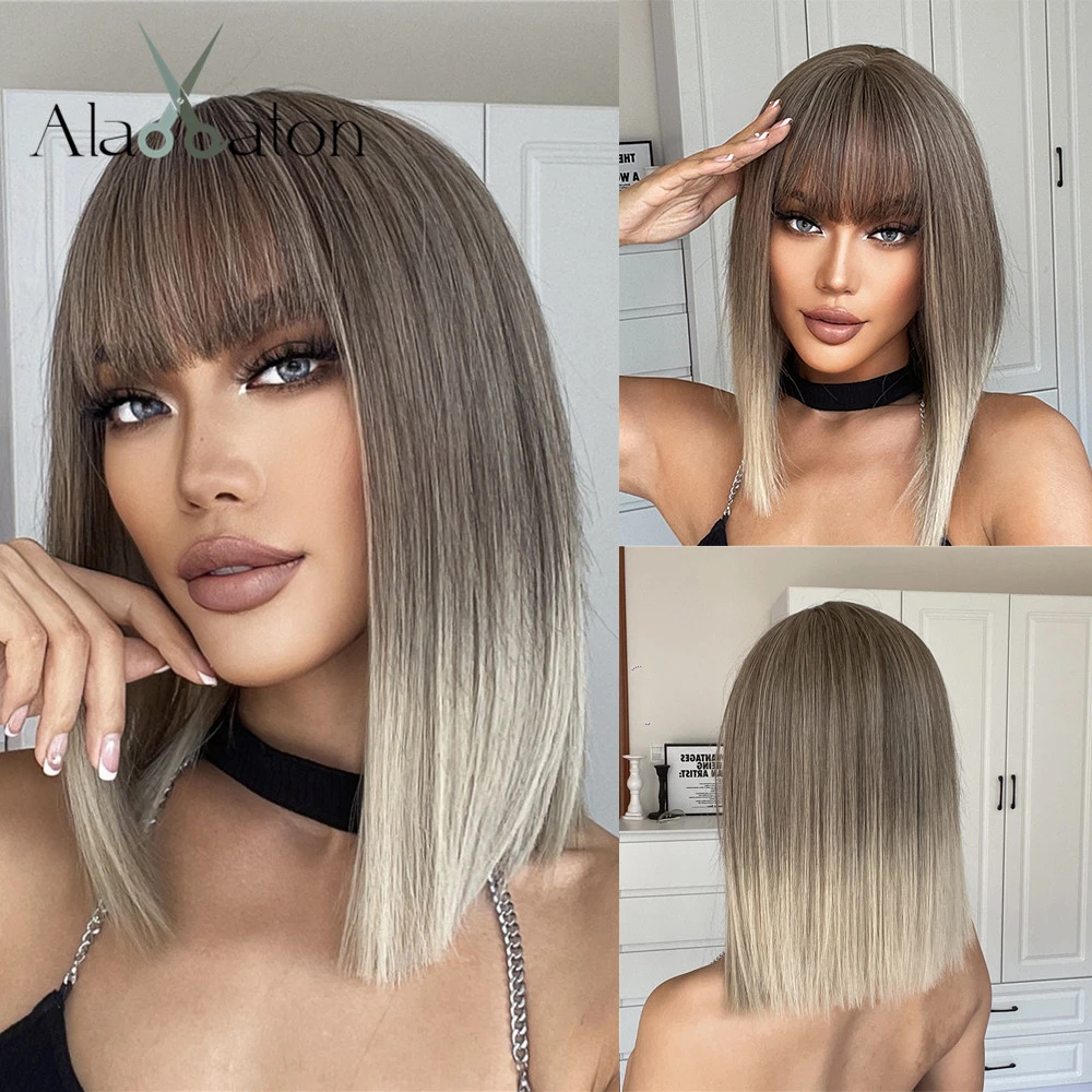 ALAN EATON Long Straight Hair Ombre Black Brown Gray Ash Lolita Bob Synthetic Wig with Bangs for Women Cosplay Heat Resistant