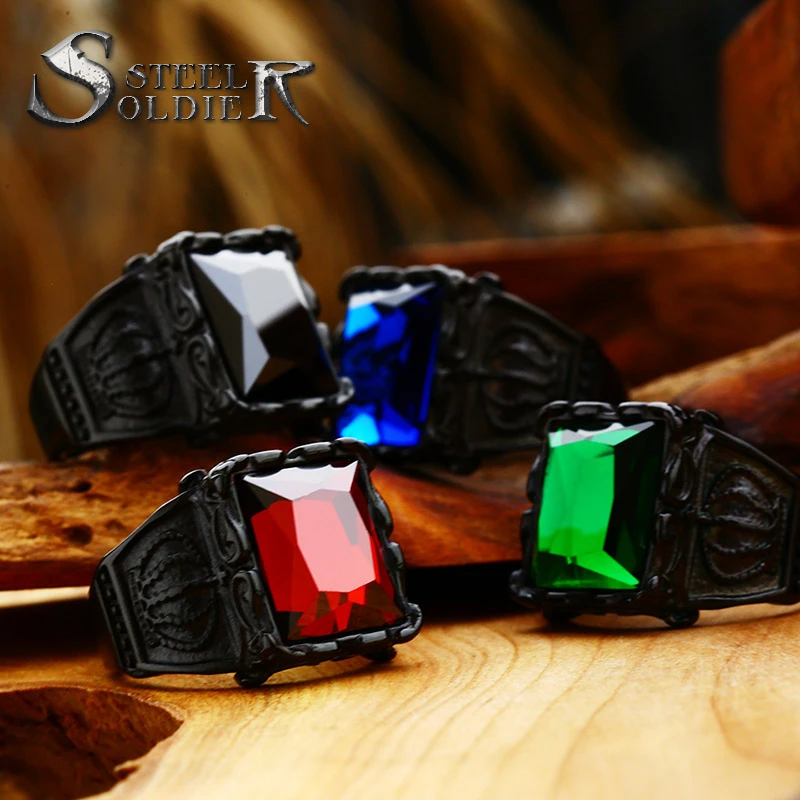 steel soldier Titanium Ring for Man blue Green Square Stone 316L Stainless Steel Fashion high polish Ring for Boy