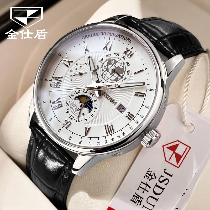 JSDUN Men Mechanical Watch Top Brand Luxury Automatic Watch Leather Waterproof Sports Moon Phase Wristwatch relogio masculino