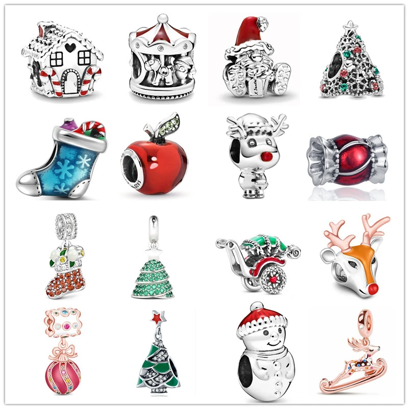 Glitter Christmas Tree Reindeer Snowman Sweet Home Charm Bead Fit Original Pandora Bracelet Silver 925 DIY Jewelry Women Gift