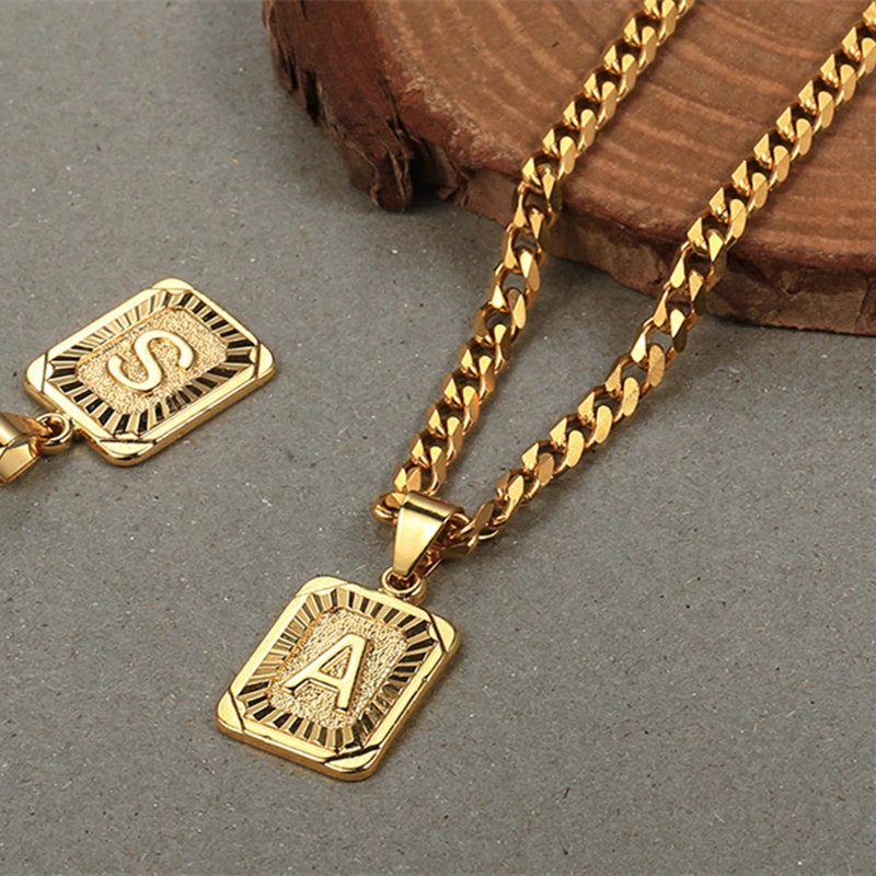 Name Initial Necklaces for Women Men Gold Filled Letter Card Pendant Cuban Curb Chain Necklace Monogram Jewelry Dropshipping