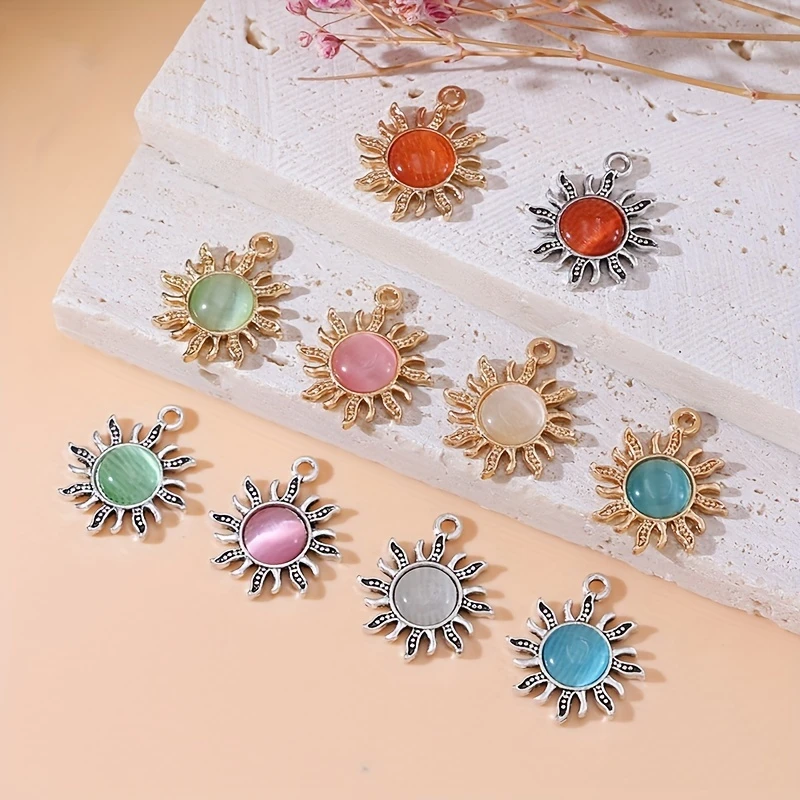 8PCS Antique Silver Plated Opal Sun Charm Pendant  Jewelry Making Bracelet Necklace DIY Earrings Accessories Craft