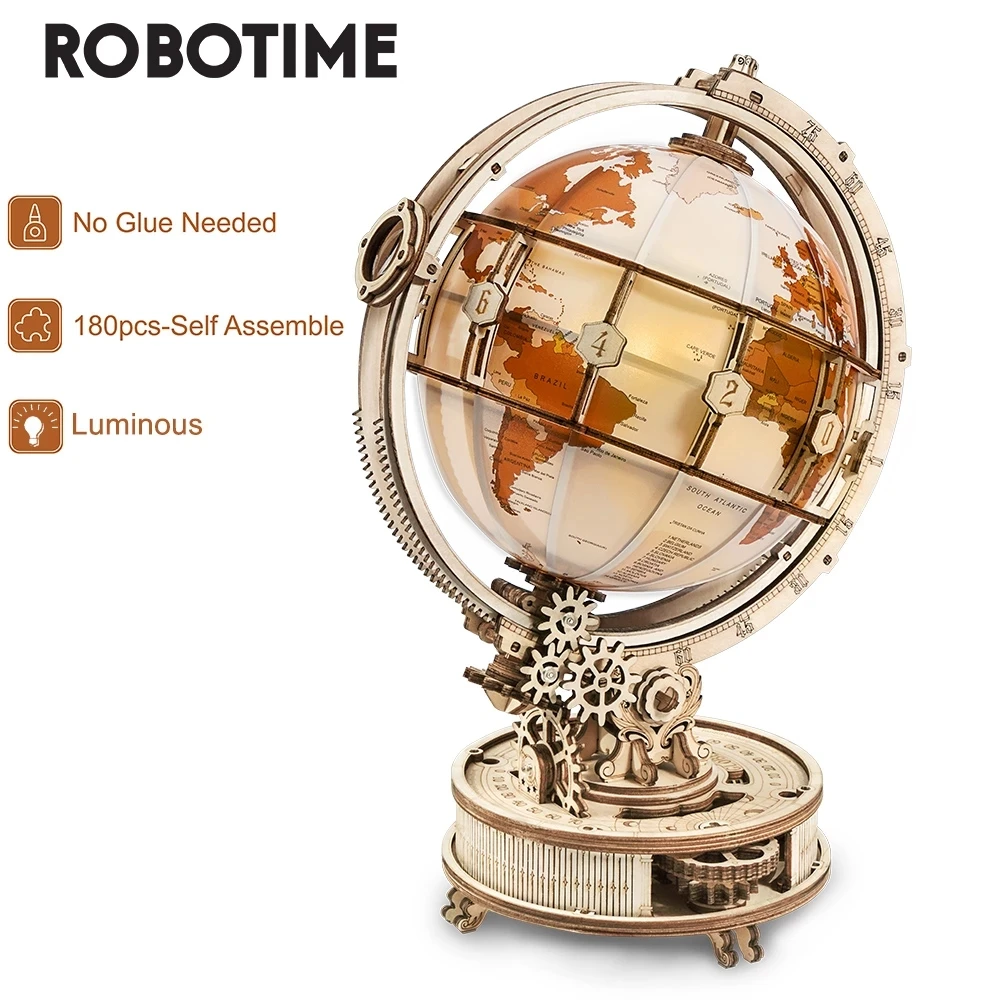 Robotime Rokr 147 PCS Luminous Globe with LED Light DIY Wooden Model Building Block Kits Assembly Toy Gift for Children Adult