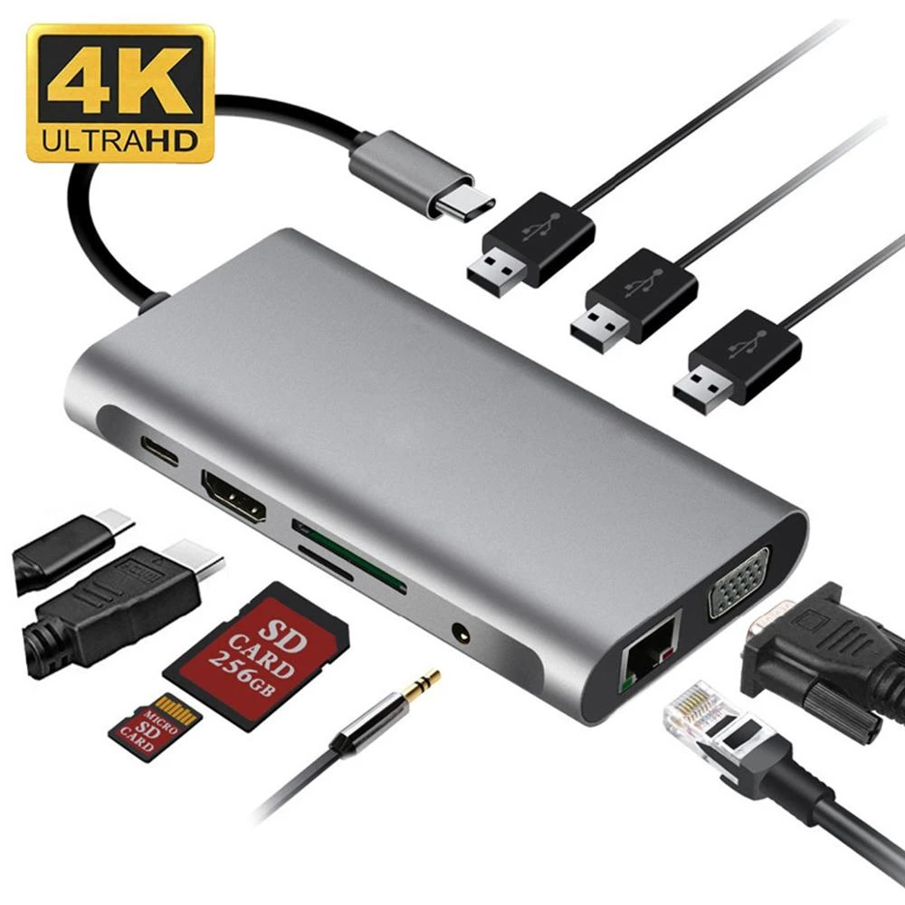 USB Type C HubTo HDMI-compatible 4K VGA Adapter RJ45 Lan Ethernet SD TF PD USB3.0 3.5mm Jack Audio Video for MacBook Pro OTG