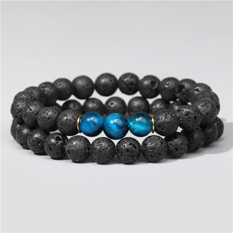 2pcs Fashion Natural Stone Lava Volcanic Beads Bracelet Tiger Eye Buddha Charm Bracelet  Jewelry for Women Men Couple Bracelet