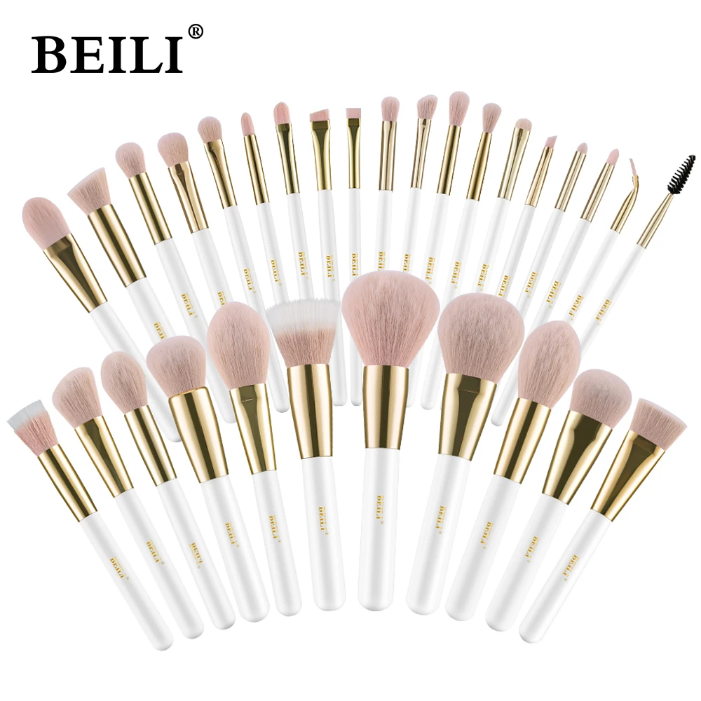 BEILI White Gold Makeup Brushes Professional Foundation Eyeshadow Powder Brushes High Quality Pink Synthetic Make Up Brush Set