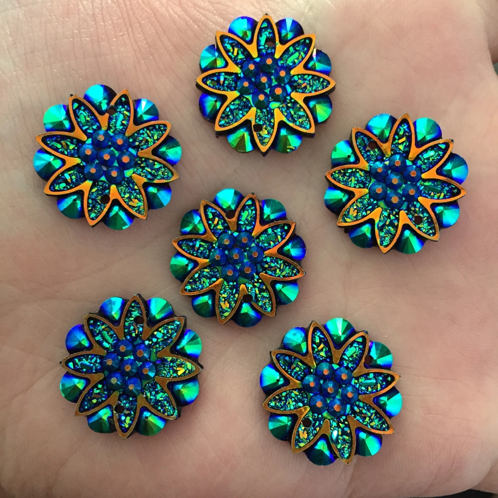 10pcs 18mm AB Resin Flower Rhinestone Flatback Wedding Decoration 2 Hole Buttons D605