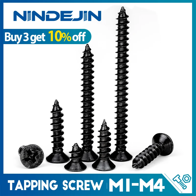 50/100pcs Cross Countersunk Flat Head Self-tapping Screw M1 M1.2 M1.4 M1.5 M2 M2.6 M3 M3.5 M4 Black Carbon Steel Phillips Screw