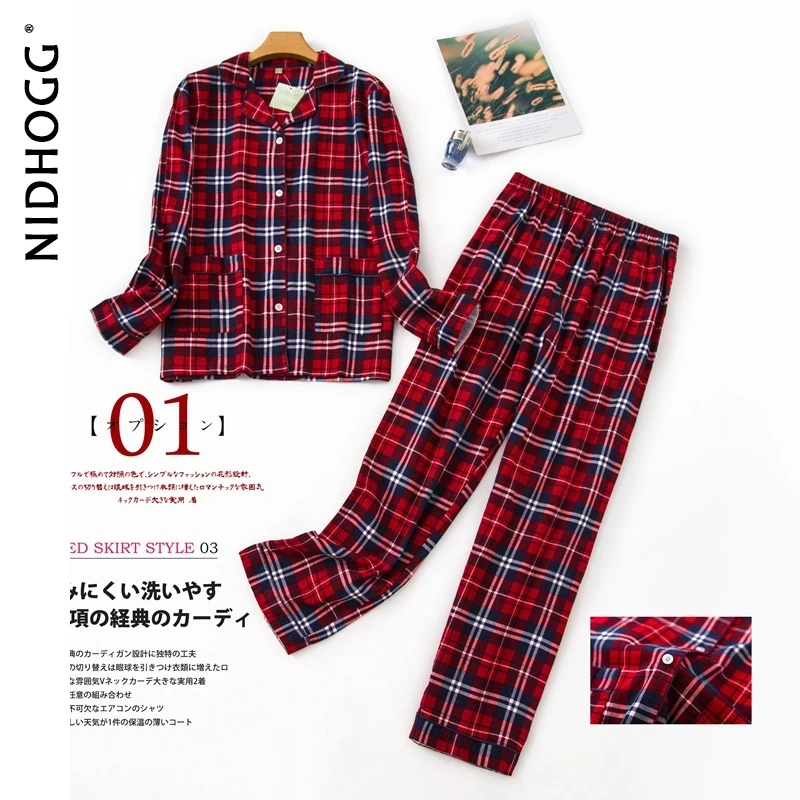 New Long Sleeve Pajamas for Women 100% Cotton Plaid Red Sleepwear Lapel Casual Print Set 2 Piece Plus Size Pijamas Home Clothes