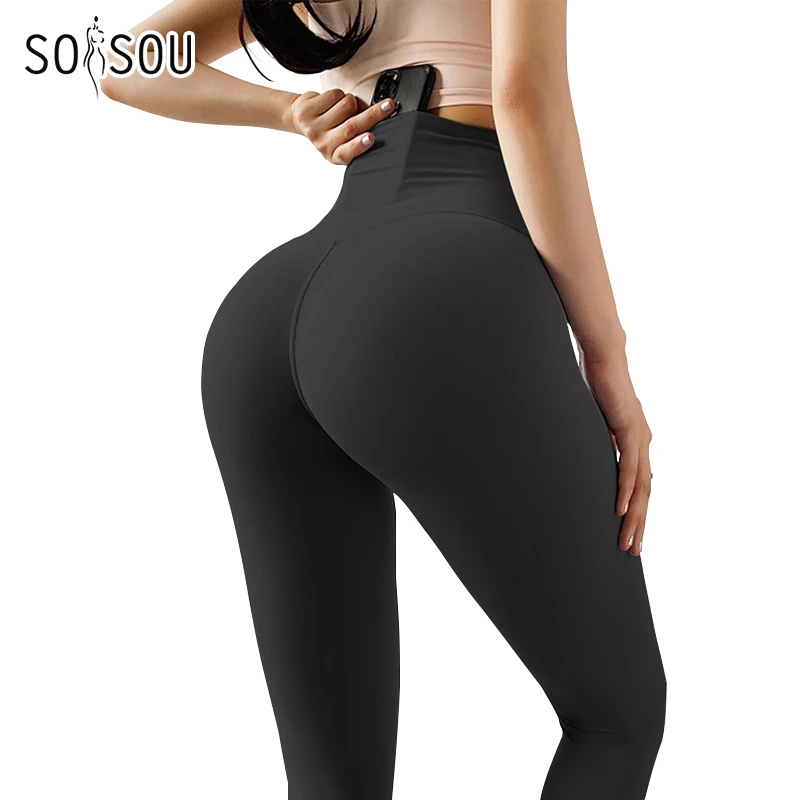 SOISOU New Women Tights Yoga Pants Leggings No Embarrassment Line Hidden Pocket Solid Color Seamless Nude Women's Sports Pants