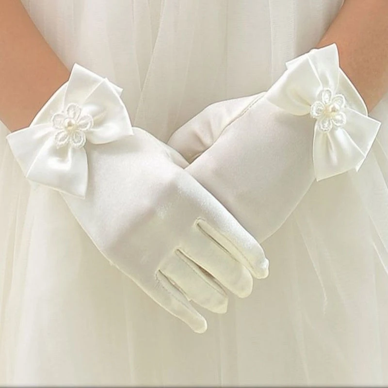 1 Pair Sweet Flower Girls Short Gloves Bowknot Solid Color Soft Children Kids Fashion Elegant Gloves Mittens