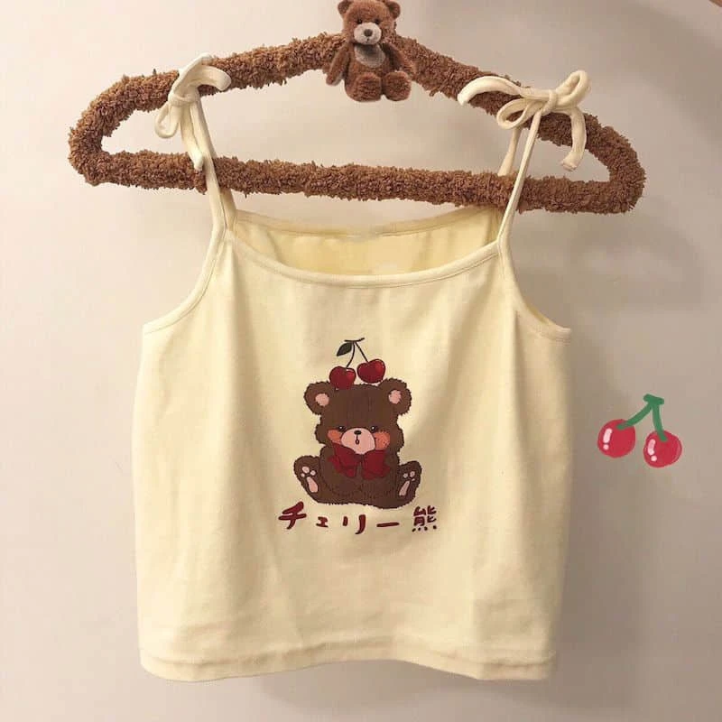 Harajuku Fashion Crop Top Camis Women Japanese  Girl Chic Soft Sister Cute Bear ide Outside Wears Thin Short Camisole Top