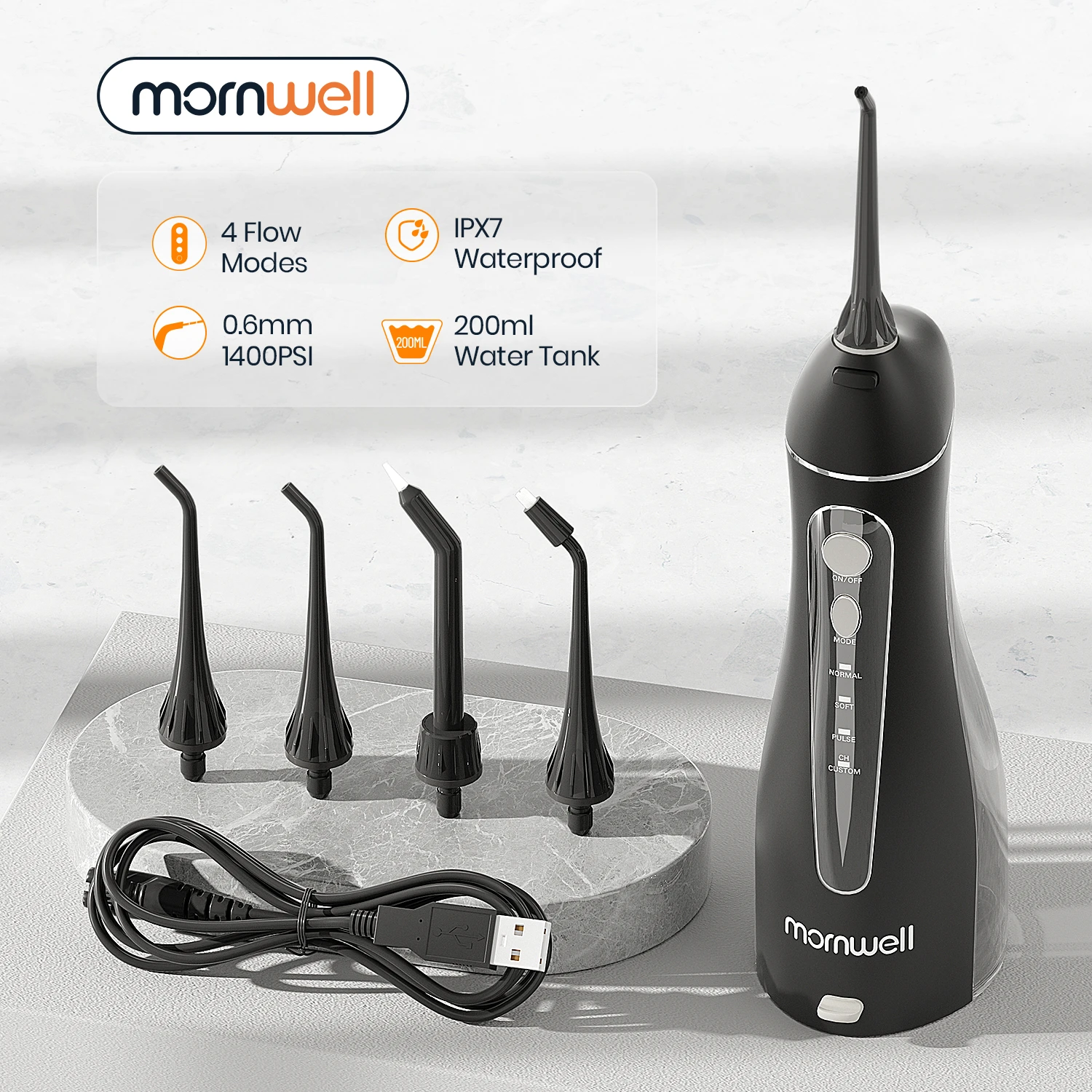 Mornwell Portable Oral Irrigator With Travel Bag Water Flosser USB Rechargeable 5 Nozzles Water Jet 200ml Water Tank Waterproof