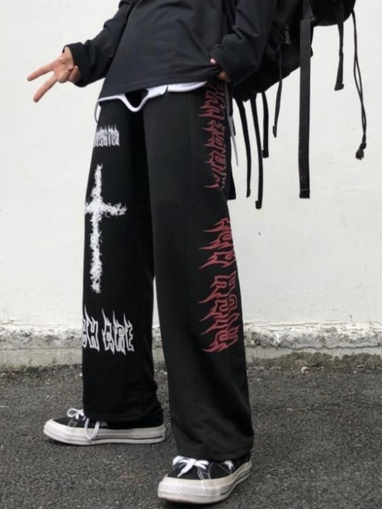 HOUZHOU Punk Wide Pants Women Gothic Harajuku Graffiti Anime Print Pants Streetwear Korean Fashion Loose Trousers For Female