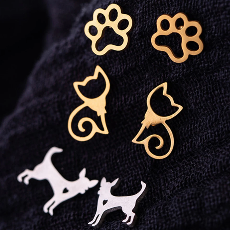 Fashion Golden Silver Color Stud Earrings for Women Girls Christmas Jewelry 2020 Cat Paw Deer Bear Fish Dog Bird Animal Earring