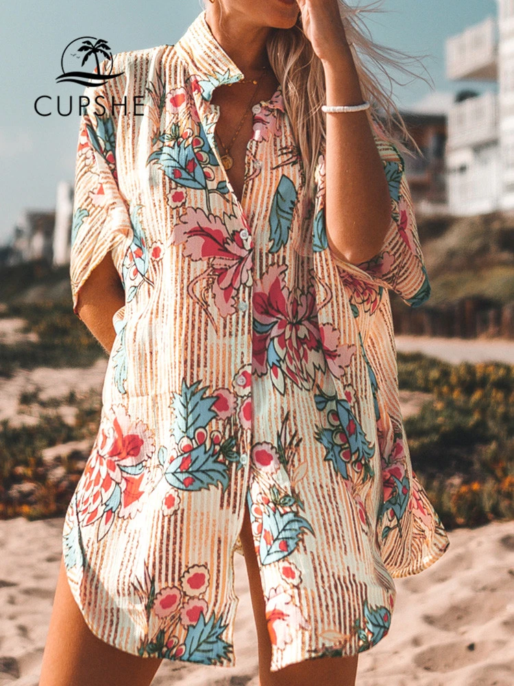 CUPSHE Floral Print Buttoned Cove Up Sexy Long Loose Shirt Robe Capes Women 2021 Summer Beach Bathing Suit Beachwear
