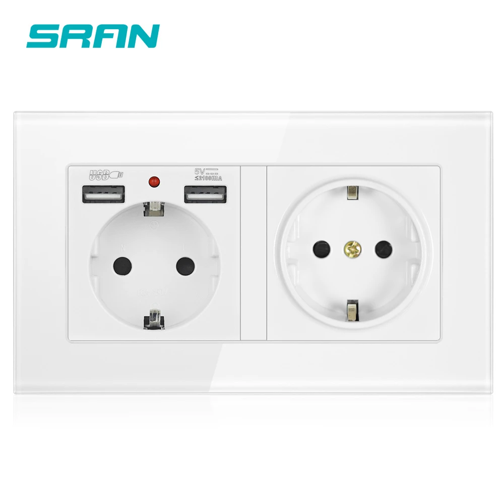 SRAN Wall 16A EU Standard Multi Way Power Socket Plug Grounded Electrical Socket with usb outlet strip 146*86 glass family hotel