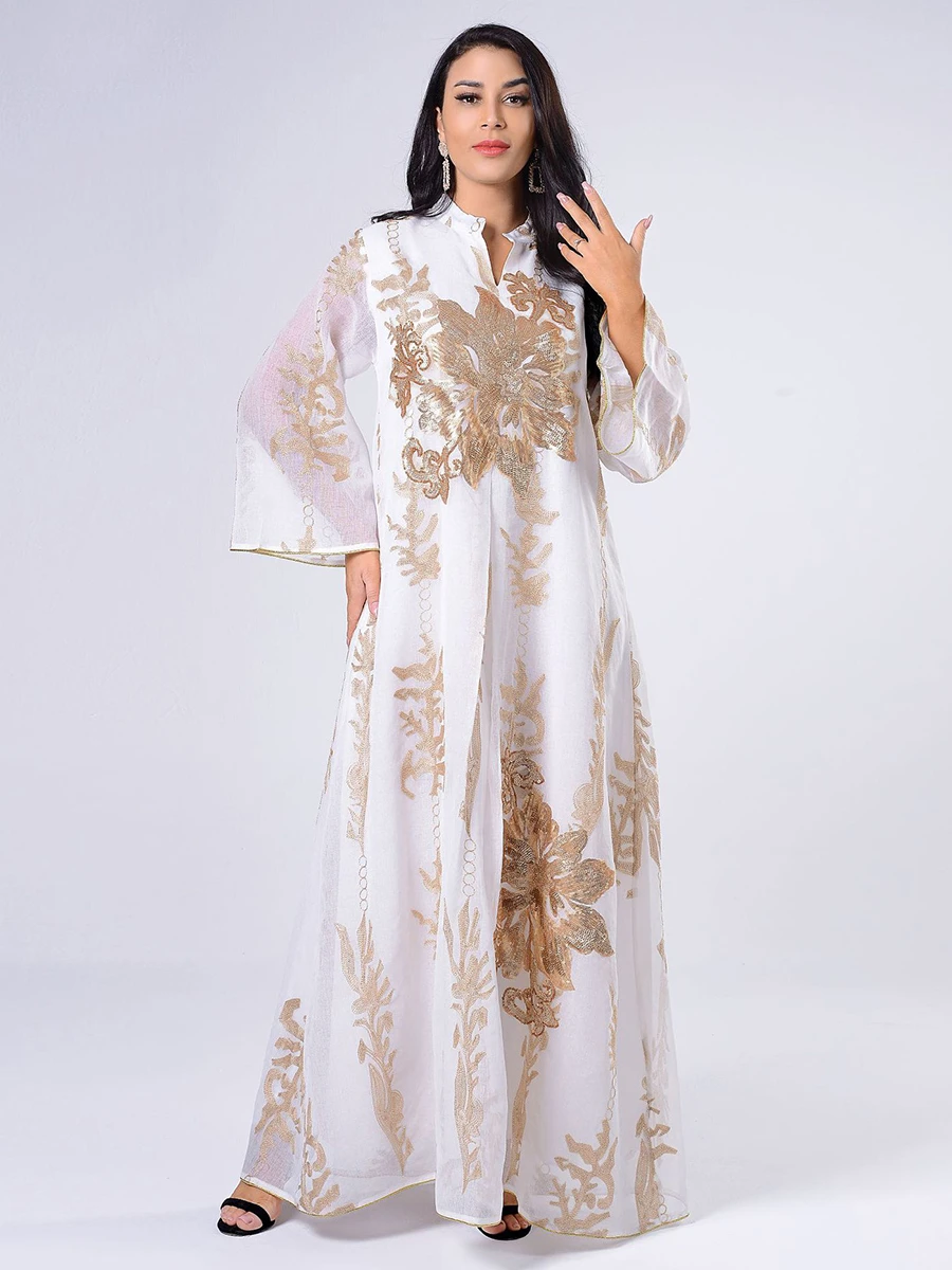 Siskakia Sequins Embroidered Abaya Dress For Women Moroccan Kaftan Turkey Arabic Jalabiya White Islamic Ethnic Robe 2021 Eid New