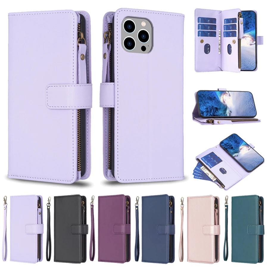 Multi Card Slots Case for iPhone 13 12 11 Pro Max Wallet Case Zipper Flip Leather Cover For iPhone 6 6S 7 8 Plus X XS Max XR