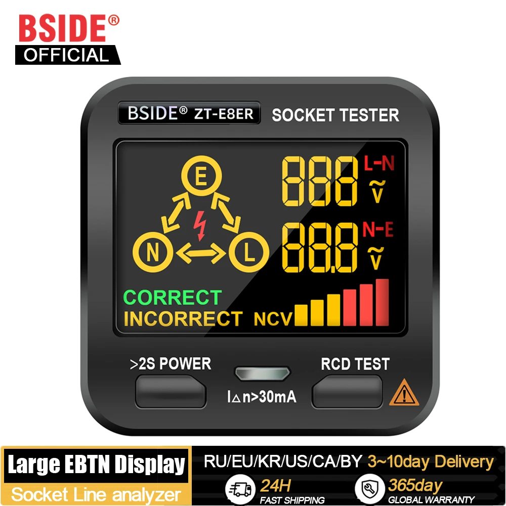 Digital Socket Tester BSIDE ZT-E8 Smart LCD Outlet checker NCV Test Voltage Detector EU US UK Plug Ground Zero Line RCD Check