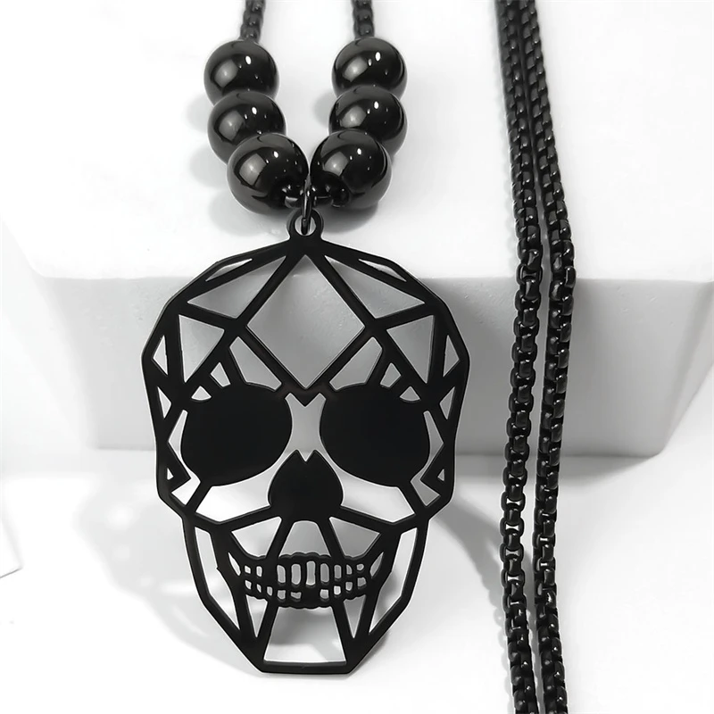 2021 Fashion Gothic Skull Stainless Steel Necklace Women Long Black Color Bead Necklaces Pendants Jewerly gargantilla N3023S03