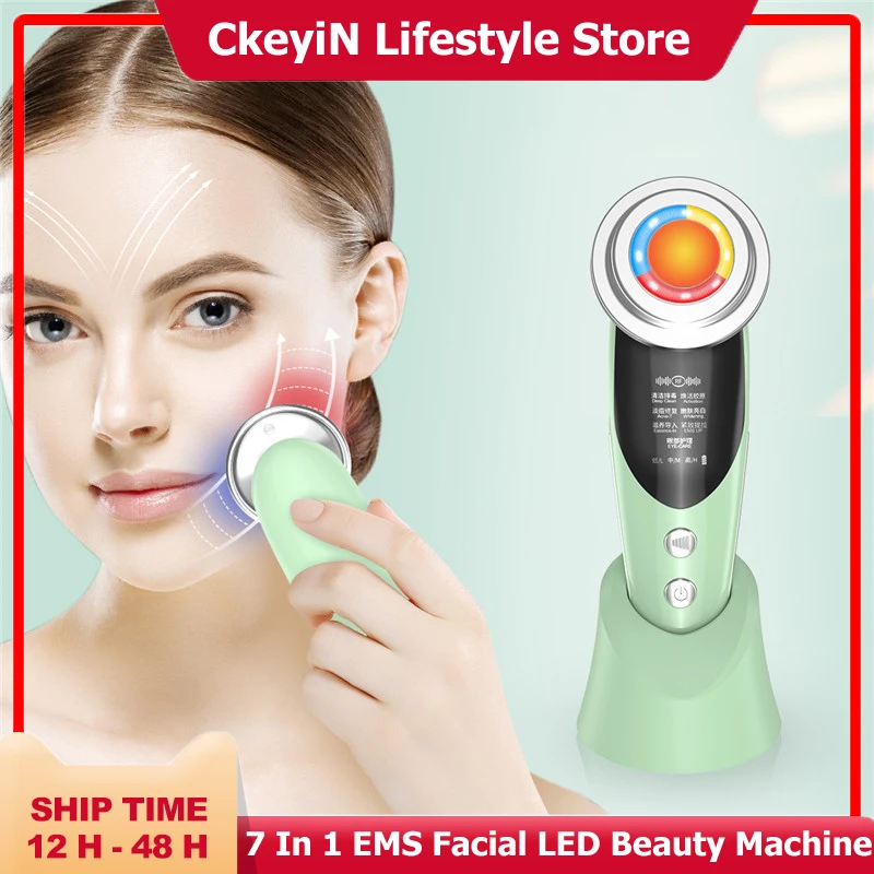 CkeyiN 7 In 1 EMS Facial LED Light Therapy Wrinkle Removal Skin  Face Lifting Tightening Hot Treatment Skin Care Beauty Machine